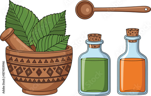 Herbal medicine illustration set, traditional mortar pestle with green leaves, natural oil bottles, organic remedy, ayurvedic treatment vector design