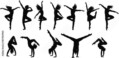Black silhouettes of graceful dancers and acrobats performing expressive contemporary dance moves and athletic gymnastic poses isolated on a clean white background