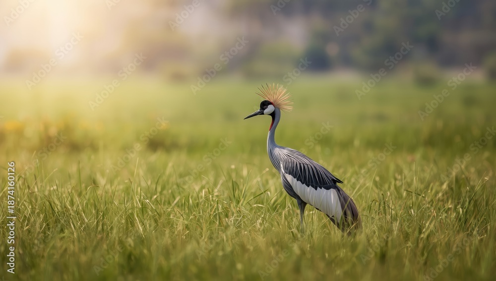 Fototapeta premium Black crested crane perched among summer grass, emphasizing avian habitat preservation, World Migratory Bird Day