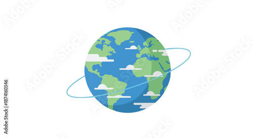 Vibrant minimalist illustration of planet Earth, displaying green landmasses, blue oceans, and white clouds, complemented by a serene orbital path,