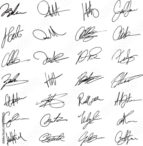 Fake Celebrity-Style Handwritten Signatures EPS, Unique Dramatic Black Ink Autograph Vector Set, Elegant Handwriting for Design Projects