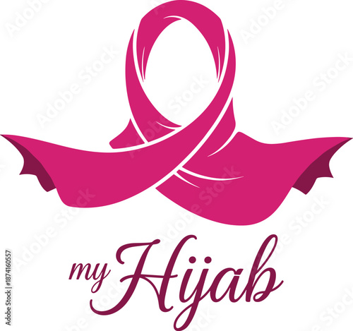 My Hijab logo, pink ribbon style hijab illustration, Islamic fashion symbol, women modest wear branding, elegant feminine identity design vector