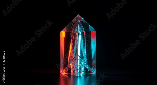 A mesmerizing visual display of light splitting and bending through a crystalline block, creating sharp geometric shadows and spectral shifts, transmission, color, spectral