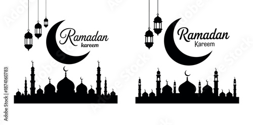 Ramadan kareem greeting illustration with crescent moon lanterns and mosque silhouette