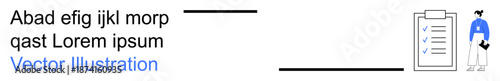 Task management, productivity, communication, online tools, organization, workflow. A person stands next to a checklist and placeholder text. Task management and productivity concept