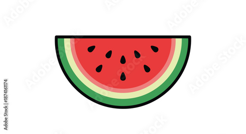 Vibrant cartoon style watermelon slice with seeds on clean white background, fresh summer fruit concept