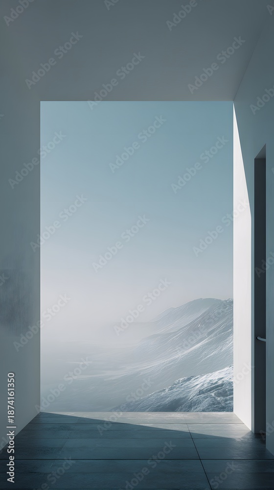 Naklejka premium Minimalist Modern Architecture Overlooking Misty Snow Covered Mountain Landscape View