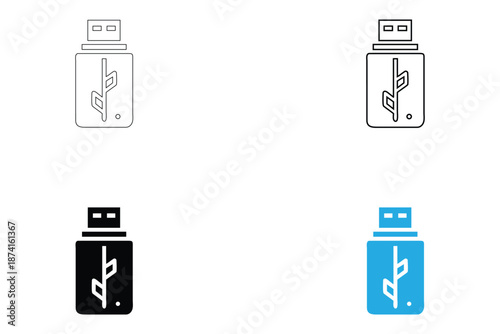 USB pen drive icon symbol vector, data transfer USB drive, portable storage icon vector, silhouette and line art