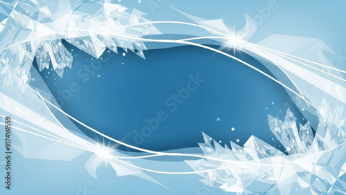 Ice crystal oval frame with sparkling snowflakes on blue background for winter or holiday themed designs and decorations with frosty