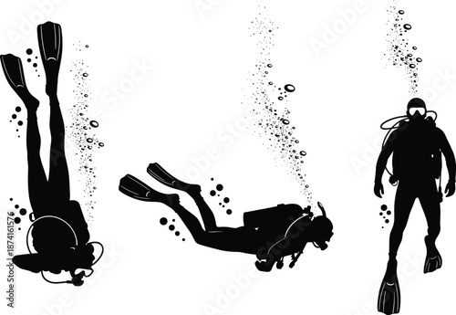Scuba diver silhouette collection, underwater exploration with oxygen tank and flippers, professional diving gear icons, deep sea aquatic adventure, black white vector