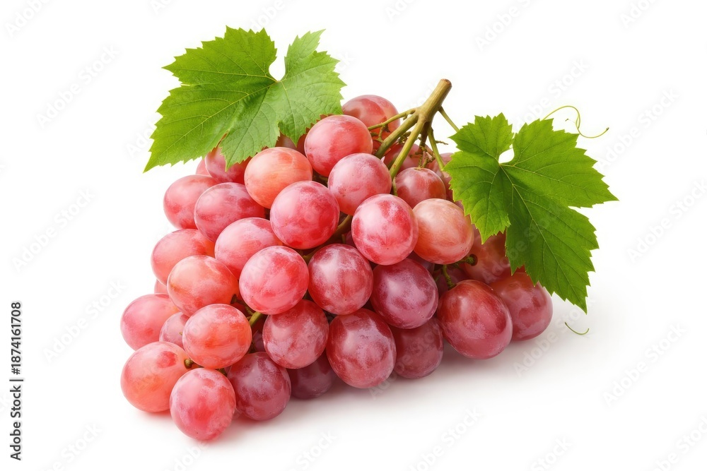 Fototapeta premium Pink grape group with green leaves isolated on a white background