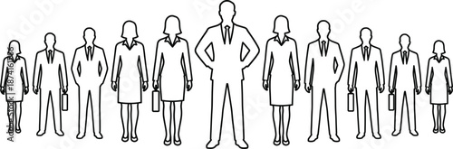Business leadership line illustration, standout executive among corporate team, management hierarchy, professional success, confidence, teamwork concept
