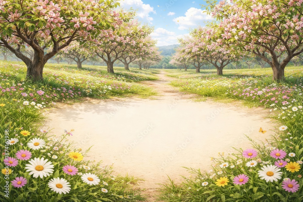 Naklejka premium Spring pistachio orchard scene with space reserved for text writing
