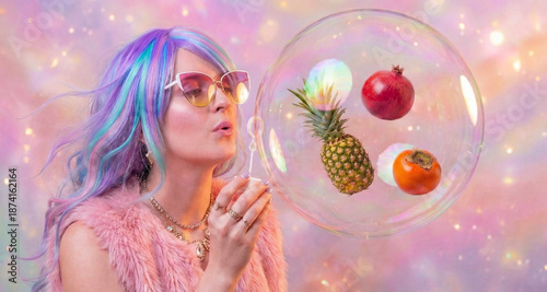 Eccentric fashion model blowing large bubble containing fresh fruits against sparkly pink pastel background