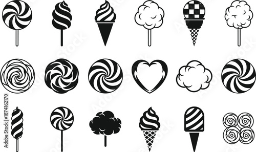 Set of black and white sweet treats icons featuring lollipops ice cream cones and cotton candy illustrations isolated on white background for design