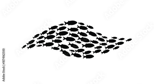 Unified school of black fish silhouettes forming a dynamic wave pattern, symbolizing teamwork, movement, and aquatic harmony against a pristine