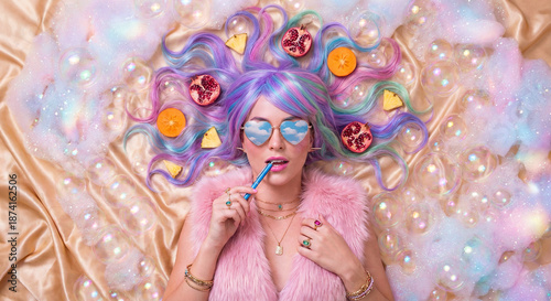 Top view of eccentric woman with colorful hair lying on gold silk among bubbles and fruit slices