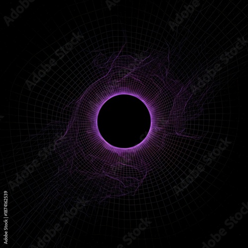 Abstract dark background showing gravitational distortion, warping the grid lines of space and time around a massive, unseen object, attraction, astronomy, effect