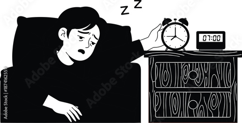 Tired woman waking up in bed reaching for alarm clock on nightstand, morning routine struggle illustration, sleepy girl in bedroom at seven.