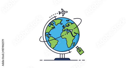 Illustrative depiction of global air travel logistics with a cheerful world globe featuring an airplane soaring across continents and a bright green