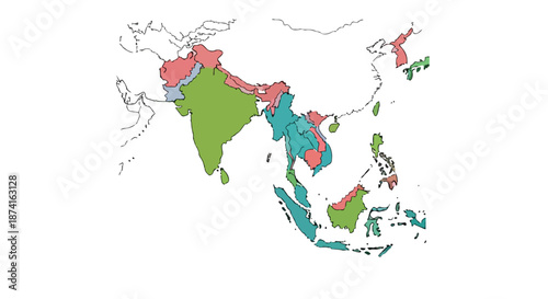 Vibrant political map displaying diverse national territories across South and Southeast Asia