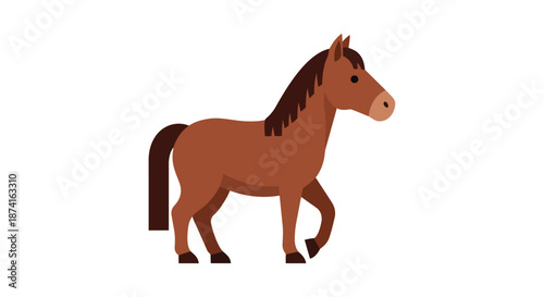 Charming brown equine character, depicted in modern flat design, standing calmly in profile on a pristine white backdrop, suitable for educational