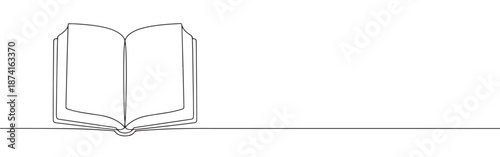An open book with blank pages, drawn in a continuous line style, symbolizing knowledge, stories, and new ideas