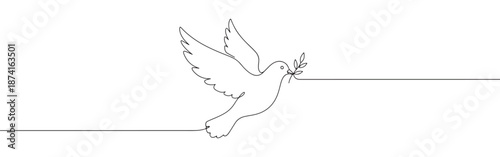 A graceful dove in flight holding an olive branch, depicted in a continuous line drawing, symbolizing peace and hope