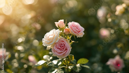 Close-up of vibrant roses and buds in a sunlit garden, floral background, ideal for spring-themed design