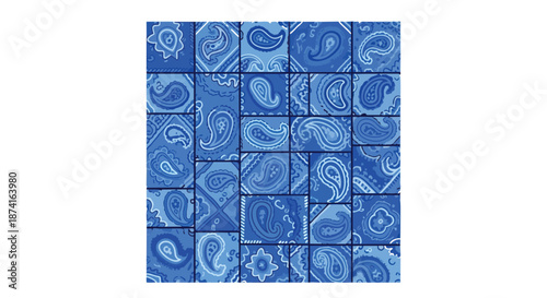 Intricate blue paisley mosaic pattern design, a rich tapestry of classic textile motifs arranged geometrically