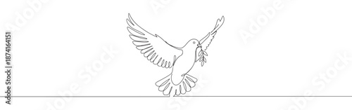 A graceful dove in flight holding an olive branch, depicted in a continuous line drawing, symbolizing peace and hope