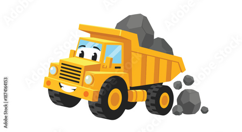 A vibrant yellow cartoon dump truck with a friendly smile hauling large rocks, ready for lively construction adventures and playful transportation
