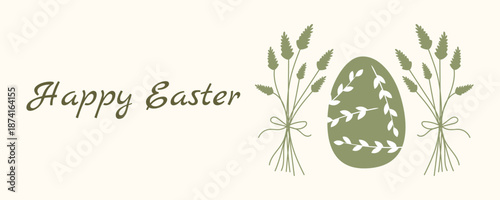 Horizontal Easter greeting banner with decorated egg, spring flowers and plants in Scandinavian style