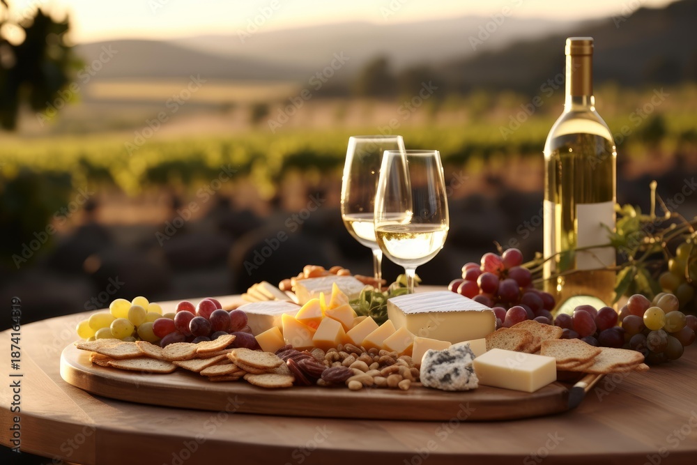 Fototapeta premium Spreading a luxurious charcuterie board with wine glasses and bottle on a table in a vineyard