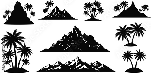 Mountain silhouette vector, palm tree icon, tropical landscape clipart, black nature graphic, exotic scenery design, isolated travel element