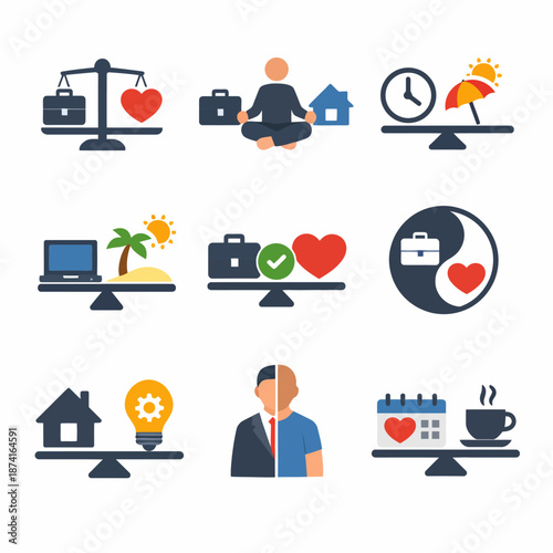 Work-life balance concepts illustrated with office and relaxation symbols