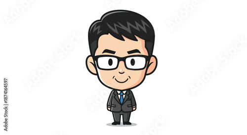 A friendly animated chibi businessman character wearing glasses and a neat suit, smiling warmly. This illustration captures a professional and