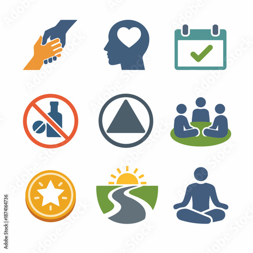 Collection of symbols representing wellness: meditation, support, recovery, and positive habits
