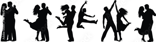 Dancing couple silhouettes collection, romantic partners celebrating love, joyful movement poses, relationship happiness, passion, freedom, lifestyle illustration