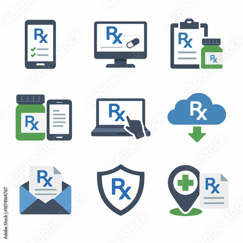 Digital pharmacy icons collection featuring rx symbols and devices