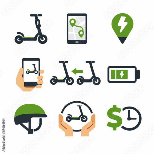 Electric scooter sharing icons: smartphone, navigation, battery, helmet, payment