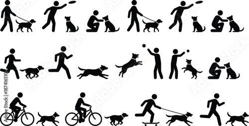 Dog training and walking silhouettes set, people playing running exercising with pets, obedience practice, outdoor lifestyle activity illustration