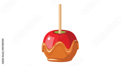 Glossy red apple on a stick draped in golden caramel sauce for a sweet treat