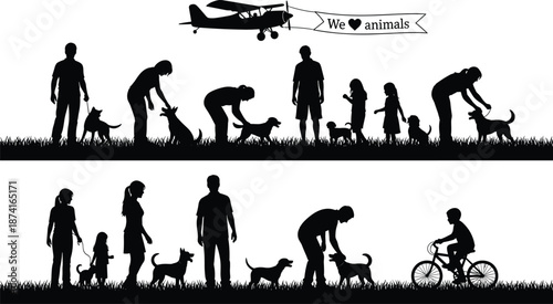 People with pets silhouettes illustration, family animal care activities outdoor scene, love animals concept, black vector isolated on white background