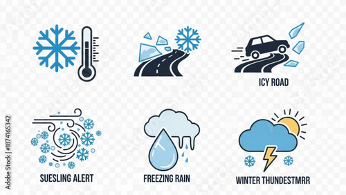 Winter weather icons set including snowflake icy road sleet freezing rain and thunderstorm with snow with weather forecast and meteorology