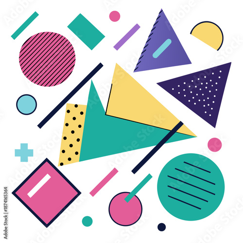 Vibrant geometric shapes in colorful memphis style design