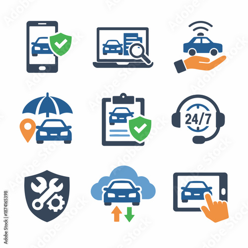 Car insurance icons: digital solutions and support services