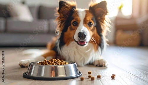 Dog waiting to eat from a metal food bowl on a wooden floor