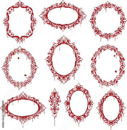 Vintage Gothic Blood Frame Collection, Dark Ornate Decorative Borders, Horror Themed Design Elements, Halloween Style Vector Frames