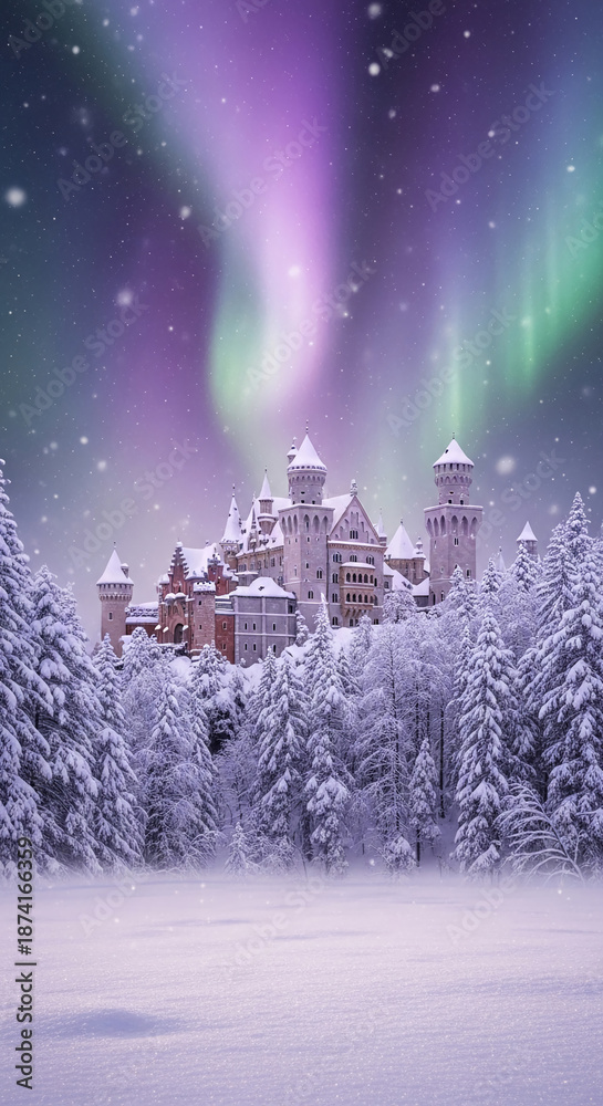Naklejka premium Majestic castle among snow-covered trees under aurora lights, creating a dreamy winter landscape, representing fantasy, fairytale, and magic